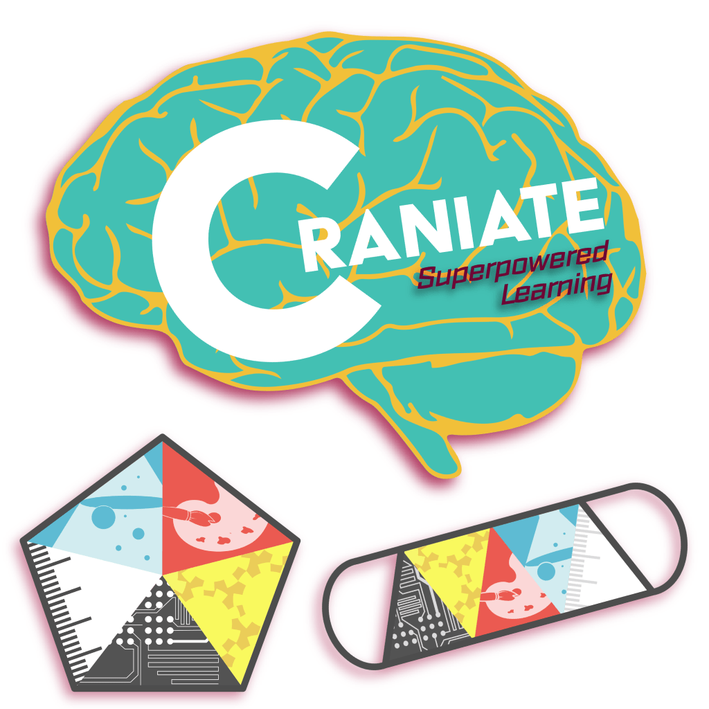 Three logos as shown against white background. The largest, and closest to the top is a pale teal brain with yellow outlines. Emblazoned on the cartoon image of the brain is the word "Craniate" in white block lettering. The word has a giant C that partially encompasses the "R" and "A". Beneath the "Craniate" on the right, are the words "Superpowered Learning" in dark red print and a dark shadow.
Underneath the Craniate logo are the logos for AXON Squad- a pentagon with a similar appearance to a safety warning sign. Next to it is the logo for the MOD Capsule, a simplified pill-shaped vessel with bold black handles. The middle of the MOD Cap and AXON Squad logos are divided into 5 sections, each representing a component of STEAM: red with an image of a painter's palette & brush (Art),  yellow, with images of gears (Engineering), black, with images of a circuit board (Tech), white with gray ruler markings along the side (Math), and blue with a bubbling flask (Science).