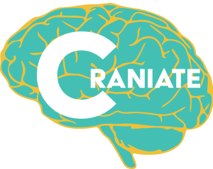Craniate logo - seafoam green and yello cartoon human brain on which the word Craniatae is written in white.